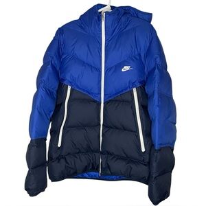 Nike Storm Fit Wind Runner Hooded Puffer Jacket Royal and Navy Blue-Men’s Large